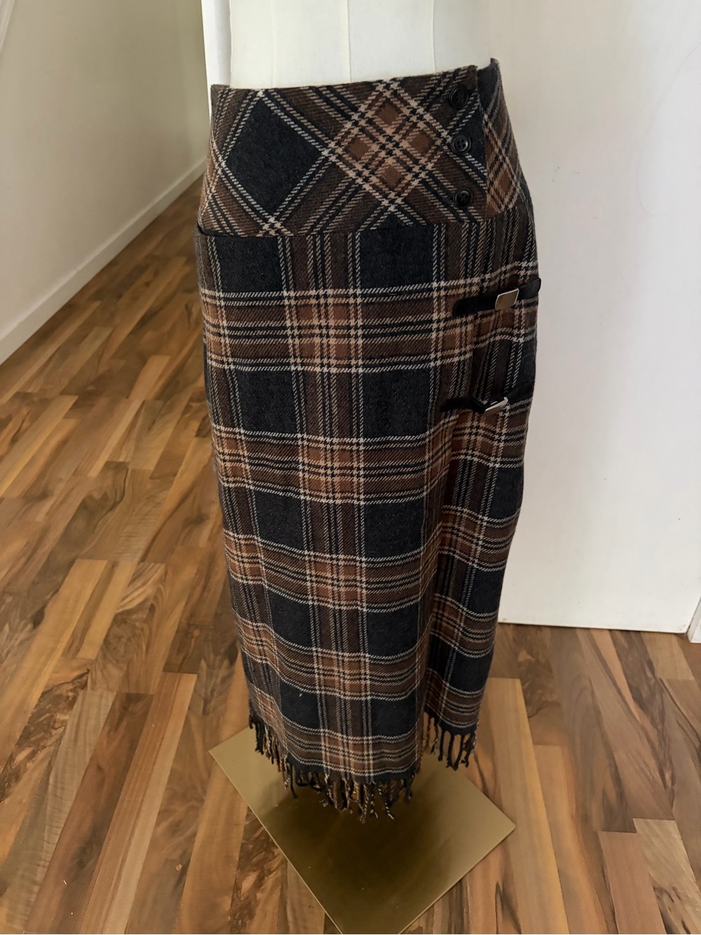 Vintage Wool Lined Plaid Midi Skirt Brown Black, Buckles & Fringe, 12, Like New